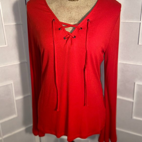 CATO Bell Cuff Ribbed Lace Up V-Neck - Picture 2 of 5